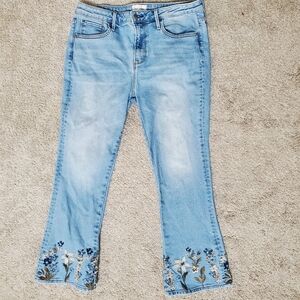 Driftwood Anthropologie Roxy Floral Embroidered Mid Rise Flare Jeans Sz 31